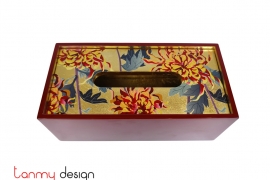 Red tissue box with floral and chrysanthemum pattern with 2 edges inside  24*12*9 cm
